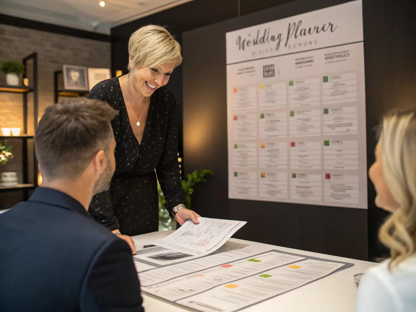 A professional event coordinator at La Bonne Ballotte assisting a couple with their wedding arrangements, emphasizing personalized service and attention to detail.