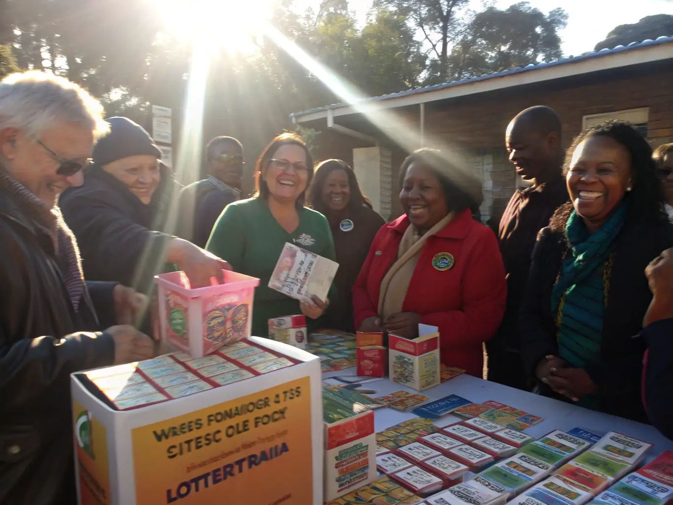 A group of smiling people participating in a lottery game at La Bonne Ballotte, showcasing community engagement and responsible gaming.