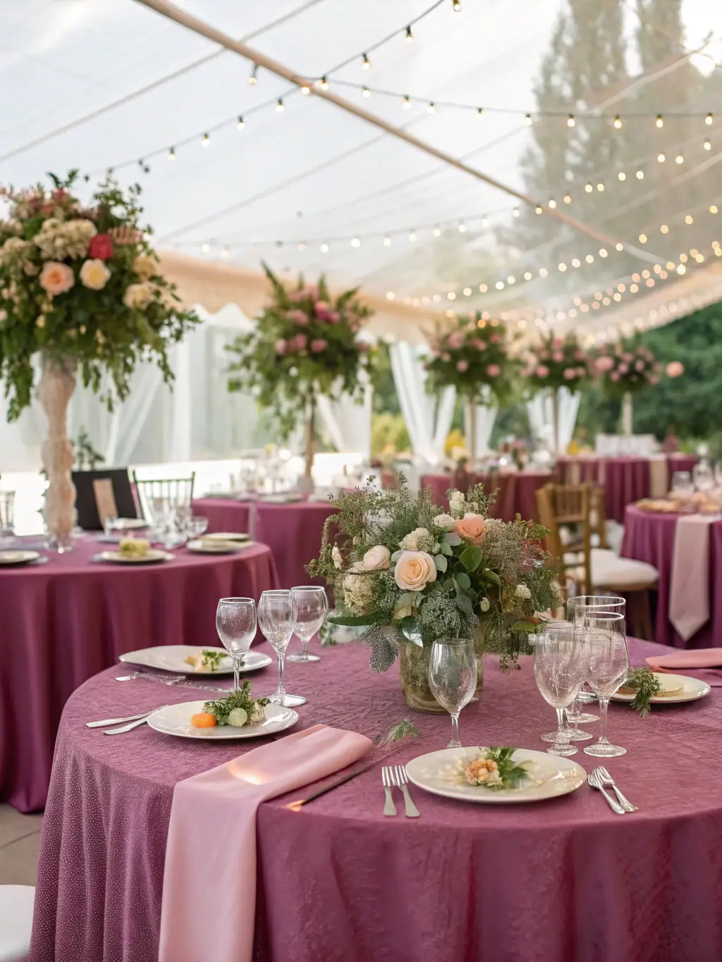 A beautifully decorated wedding hall interior, set up for a wedding reception with elegant tables and floral arrangements, soft lighting, and a dance floor.