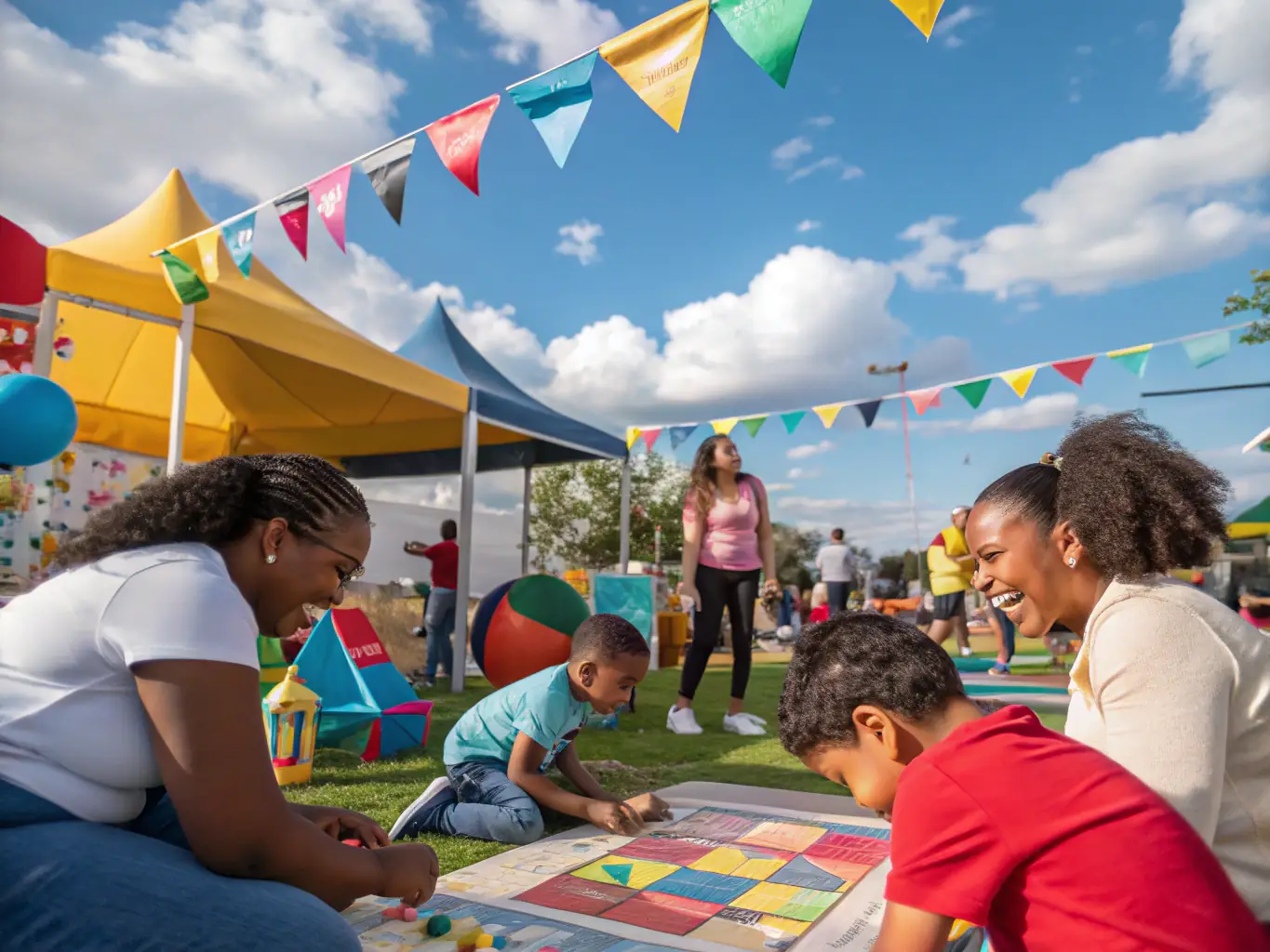 An image depicting a community event organized by La Bonne Ballotte, featuring families enjoying games and activities in a festive atmosphere.