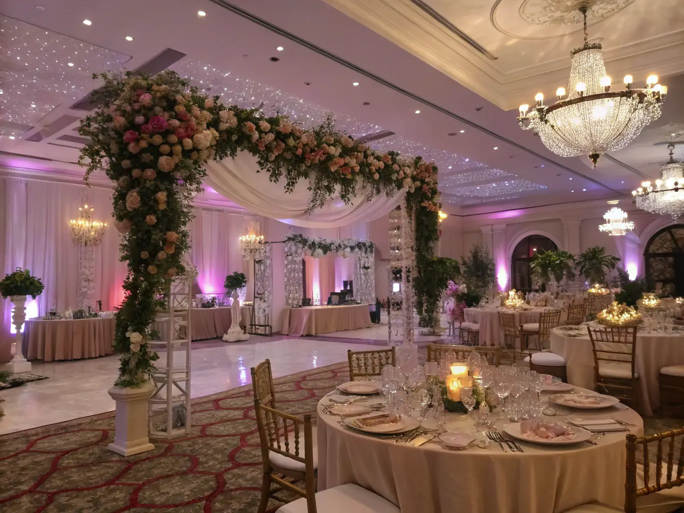 A beautifully decorated wedding hall at La Bonne Ballotte, ready for a wedding celebration, highlighting the elegant and customizable space.